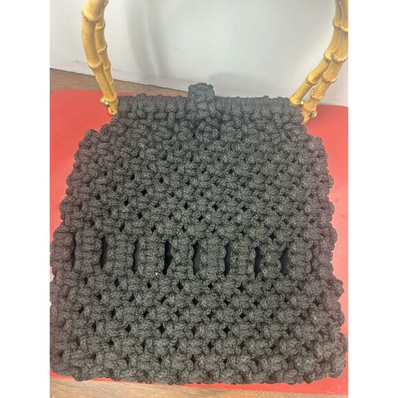 Macrame Handbag Black Bamboo‎ Round Wood Handles Boho Hippie Cottagecore Purse - Picture 5 of 7